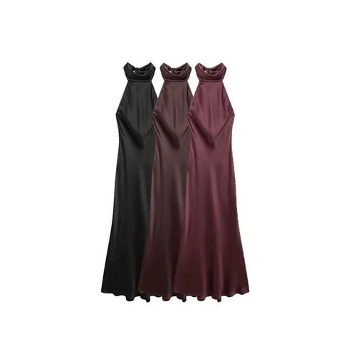 Women Long Satin Halter Dre, Backle, Bow Tied, Back Zipper,