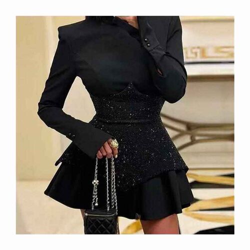 Fashion splicing sequins long sleeve round neck short skirt