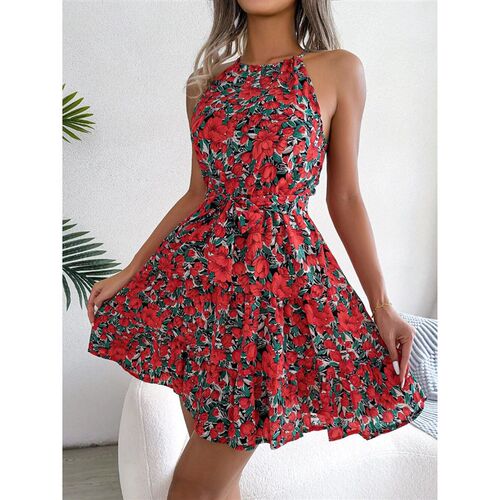 Women Summer Casual Floral Print Ruffle Halter Dress