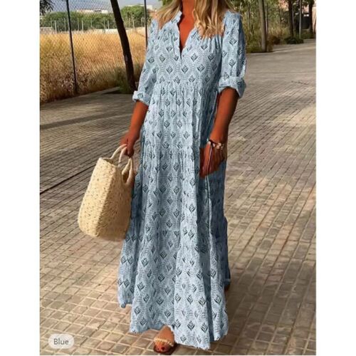 Womens Vintage Stand llar Plus Size Fashion Loose Dress Lon