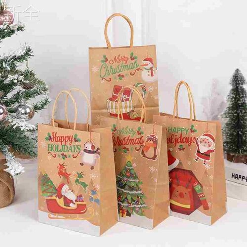 12pcs Christmas Gift Bag with Handles Kraft Paper Bags Santa