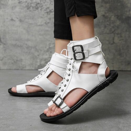 Summer New Men Gladiators Lace Up Buckle Leather Casual Shoe