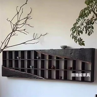 侘寂风博古架实木茶杯架中式多宝阁壁挂式置物古董架子格架层架