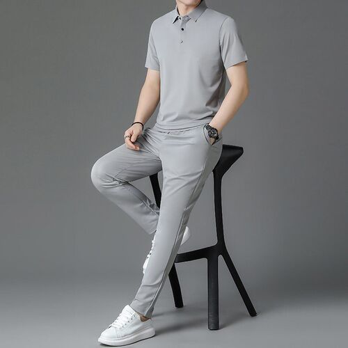 Ice Silk Smooth Mens Casual Suit Youth Short-sleeved Lel T-
