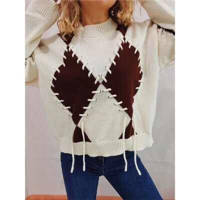 Fashion Panelled Sweater For Women Round Neck Full Sleeve La