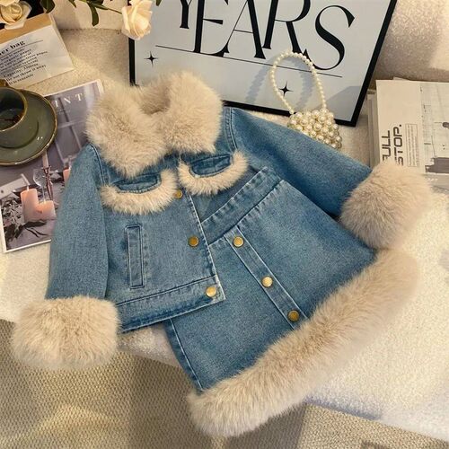 Childrens Sets Girls Fleece-Lined Denim Set Korean Winter