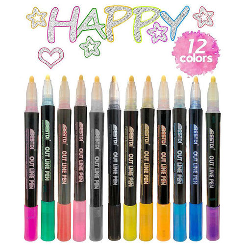 12 Color Metal Paint Marker Pen set Double Line Pen Outline