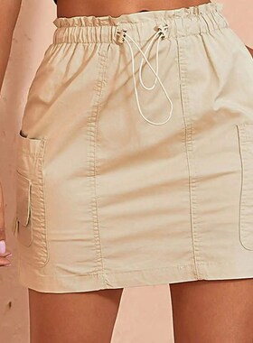 Women Fashion Cargo Mini Skirt Vintage Preppy Elastic Paperb