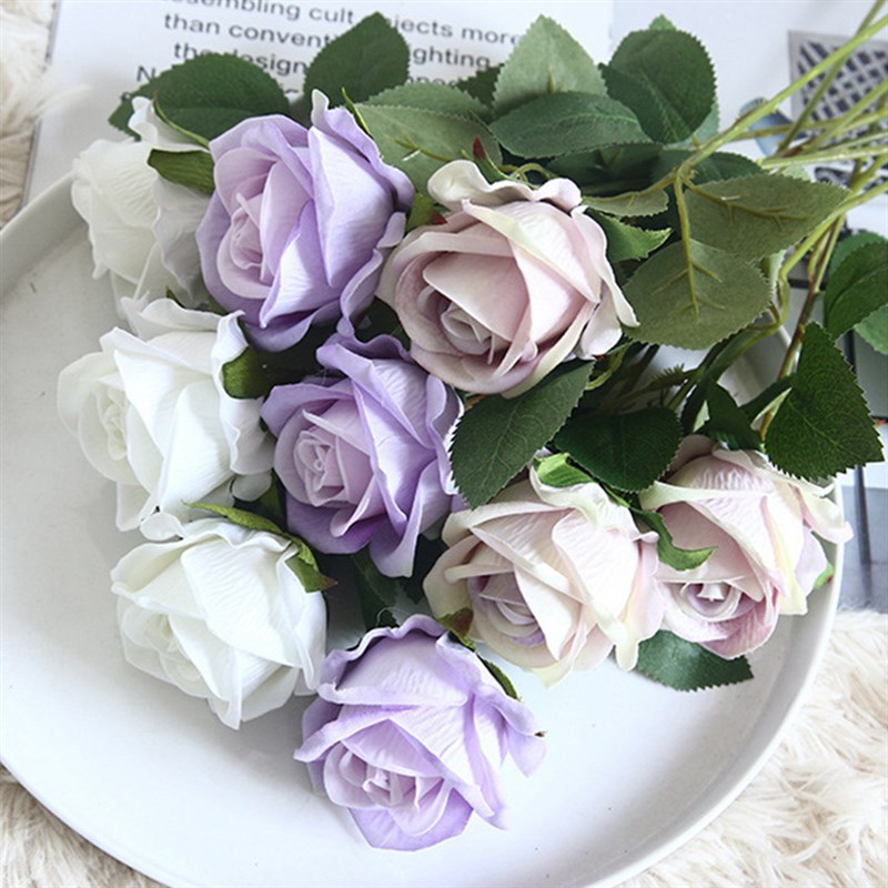5Pcs Artificial Flowers Silk Rose Long Branch Bouquet for We图片