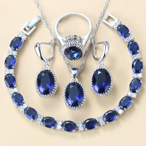 Best Low Price Classic Blue Zircon Bridal  Silver Color Jewe