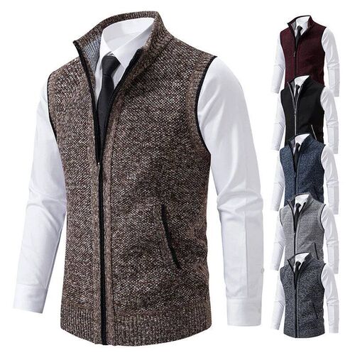 Vest Mens Knitted Sleeveless Sweater Wool Velvet Zipper Car