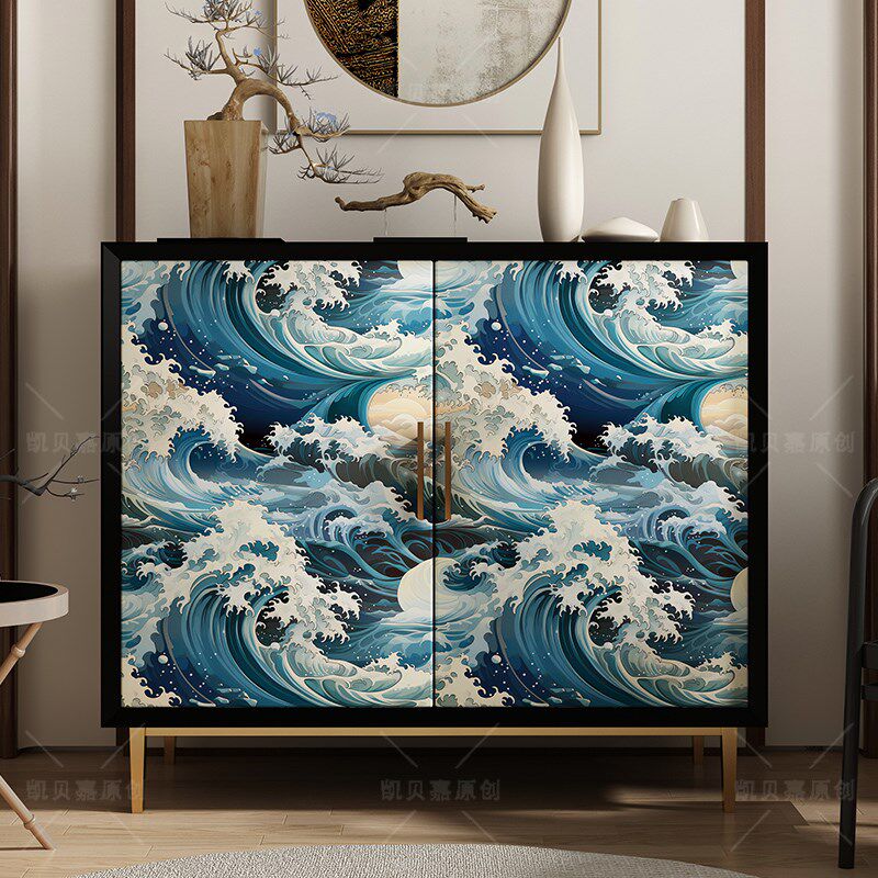 复古蓝色海浪装饰客厅小柜子墙纸翻新斗柜改造家具贴纸自粘防水