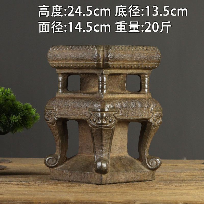 中式仿古天然青石整料雕刻浮雕摆件 双层镂空方石墩门墩石底座