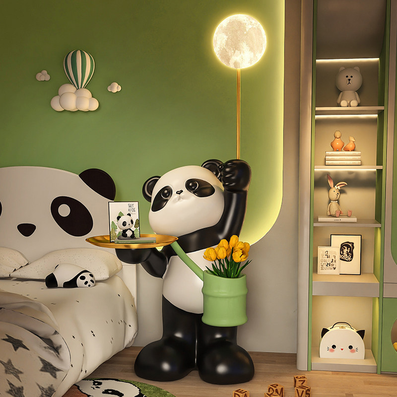 奶油风熊猫卡通落地灯床头柜一体客厅卧室沙发边几电视柜旁边摆件