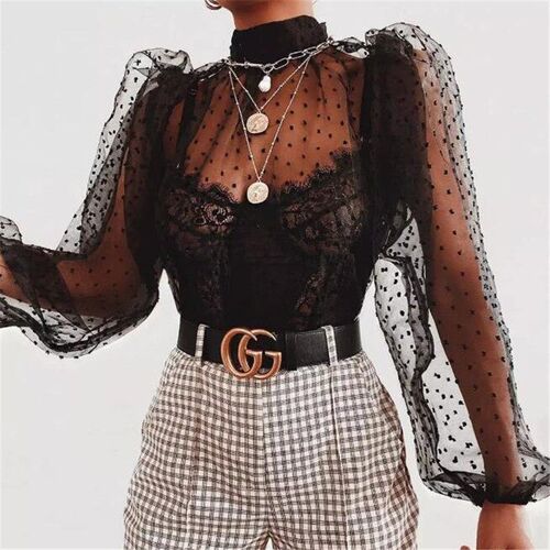 Women Mesh Puff Sleeve Tops Shirt 2020 New Summer Spring Lad