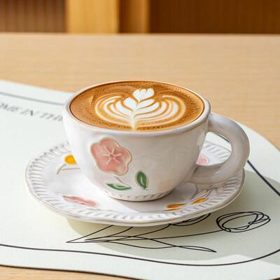 Retro Kiln-Changed Relief Ceramic Coffee Cup and Saucer Set
