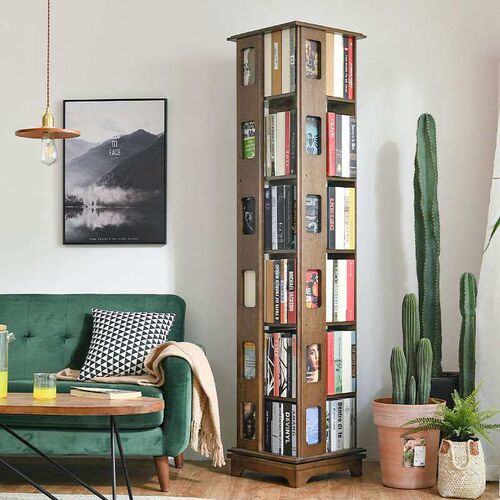 Solid Wood Rotating Bookshelf Bookcase 360 Degree Multifunct