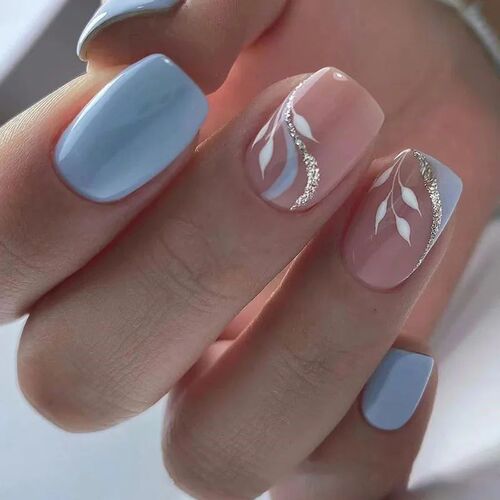 24pcs Short Square False Nails Glitter Flower Wave French Fa