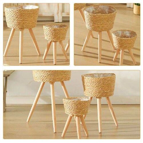 Wooden Plant Stand 18cm Diameter Woven Basket Floor Planter