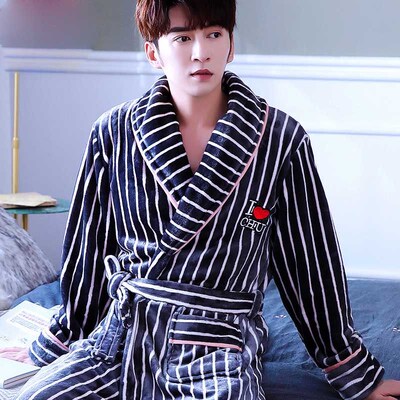 Men Winter Warm Flannel Robe Nightwear Thick Kimono Bathrobe
