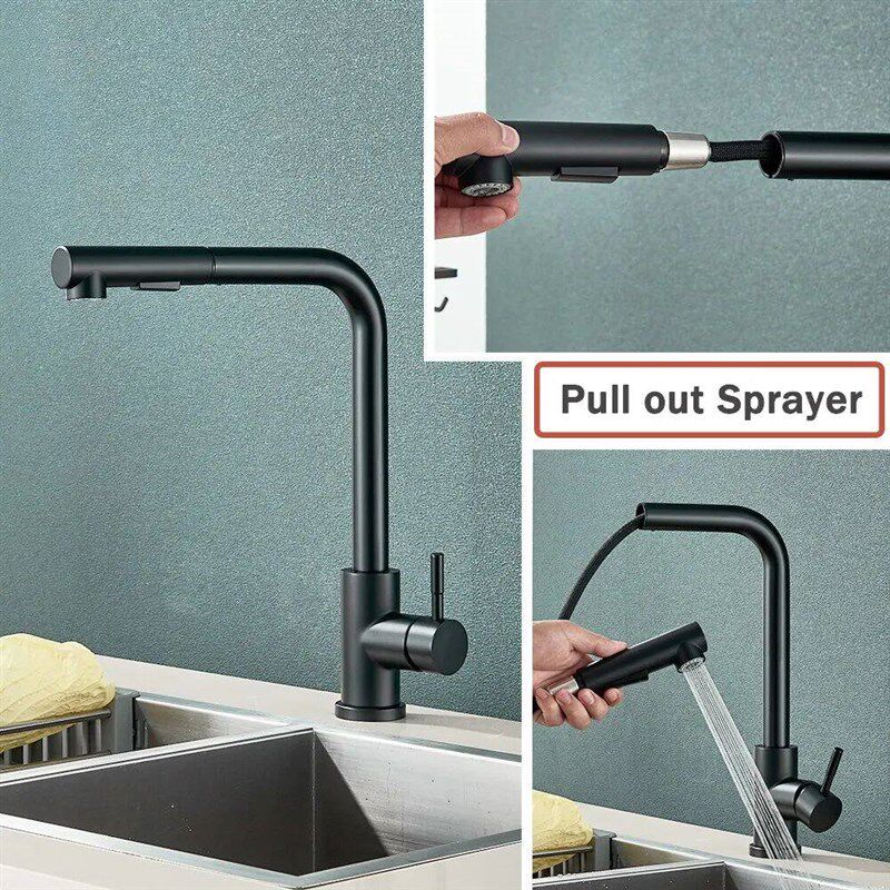 Black Pull Out Kitchen Sink Faucet Flexible 2 Modes Sream &
