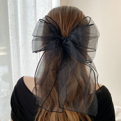 Double Mesh Bow Hairpin Side Clip Solid Color Hair Claw Temp
