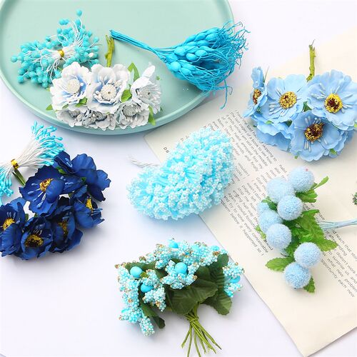 6/10/12/50/60/70/90/144Pcs Mix Blue Flower Cherry Stamen Ber