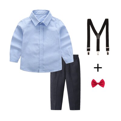 White Blue Shirt Long Sleeve Black Pants Set for Boys Perfor