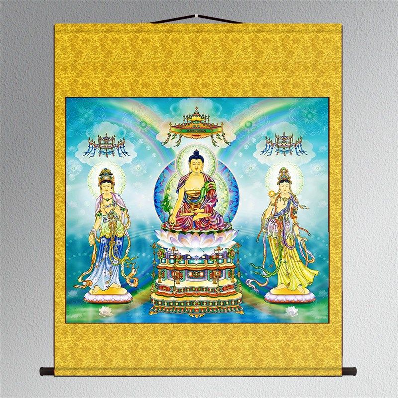 东方三圣画像药师佛月光日光菩萨供奉神像挂画玄关客厅丝绸卷轴画