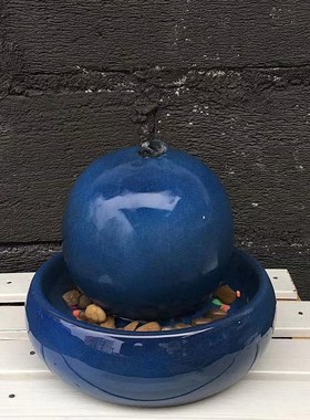 欧式陶瓷喷泉流水加湿器蓝色摆件家居客厅桌面创意水景工艺品摆设