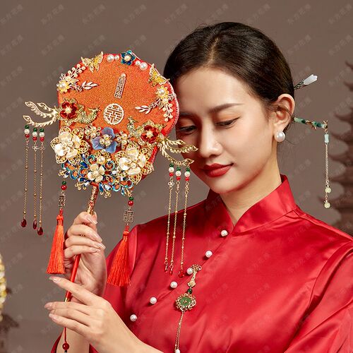 新款新娘团扇结婚出嫁diy材料包喜扇中式手捧花成品双面秀禾婚礼