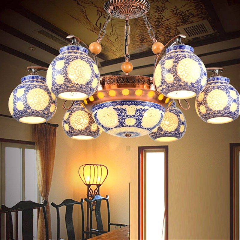 陶瓷吊灯中式客厅灯铁艺吊灯具欧式LED餐厅卧室书房酒店茶楼吊灯