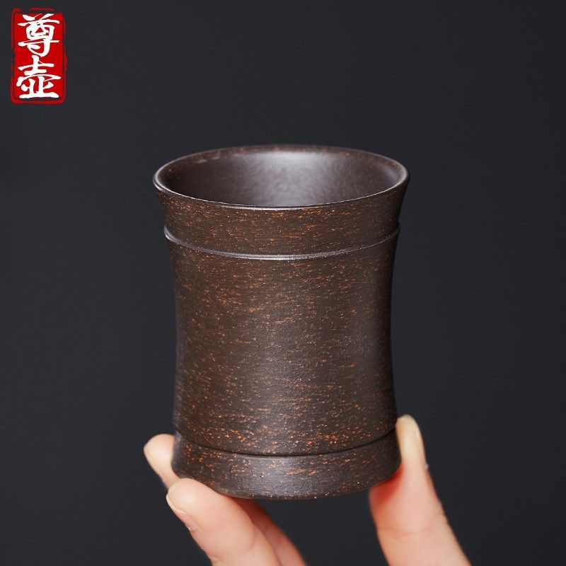 尊壶宜兴紫砂品茗杯收腰主人杯原矿黑金砂小茶杯单只陶瓷功夫茶具