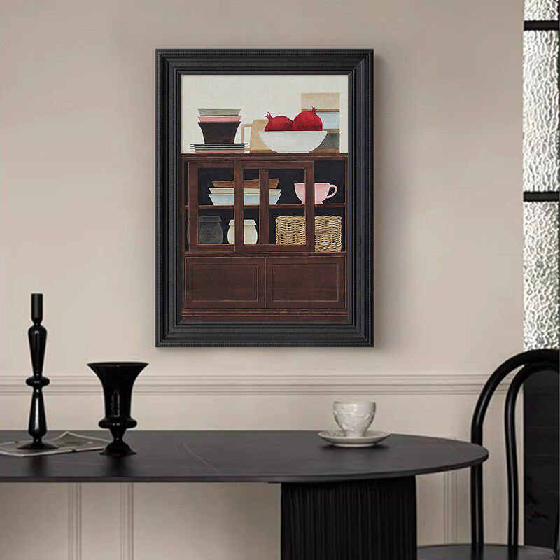 中古风橱柜静物客厅餐厅装饰挂画高级艺术感玄关手绘油画法式壁画