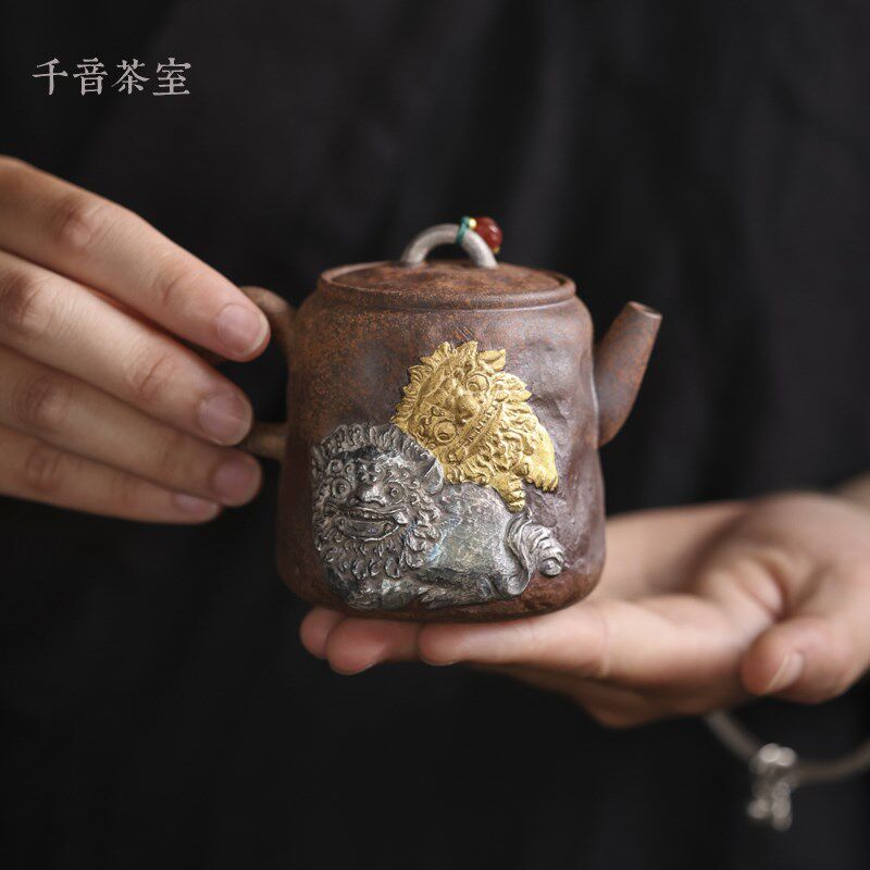 【灰念老岩泥对狮壶】复古手工茶壶家用单个泡茶器功夫茶具泡茶壶