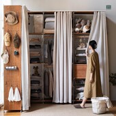 无即所有不锈钢实木衣帽架落地卧室防尘转角挂衣架开放式 金属衣柜