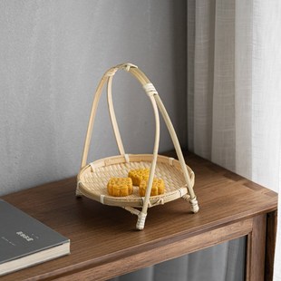 竹编小提篮托盘摆件中式茶点盘零食展示架多层甜品台下午茶点心架