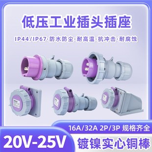 欧标低压两芯20 插座629a 25V工业插头2P三芯16A32A防水连接器暗装
