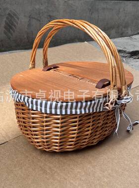 藤编野餐篮户田园野炊水果蔬篮美式乡外踏青100023村手提篮菜带盖