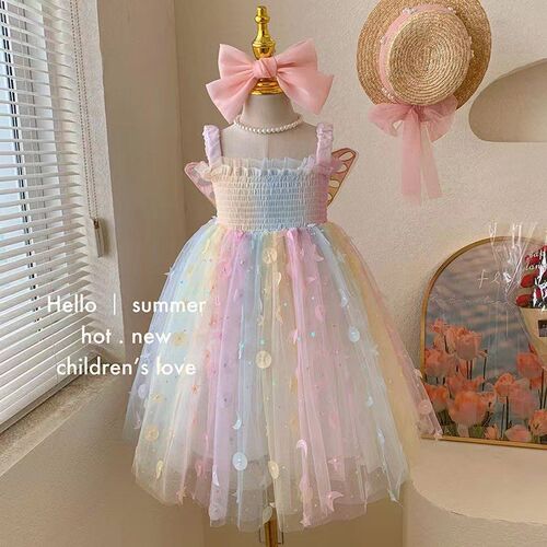 2023 Kids Dress Girl Summer Dress Rainbow Butterfly Wings Fl