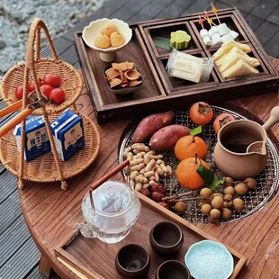 老榆木围炉煮茶桌围聚阳台庭院冬天烧烤桌电家用室内实木小圆桌椅