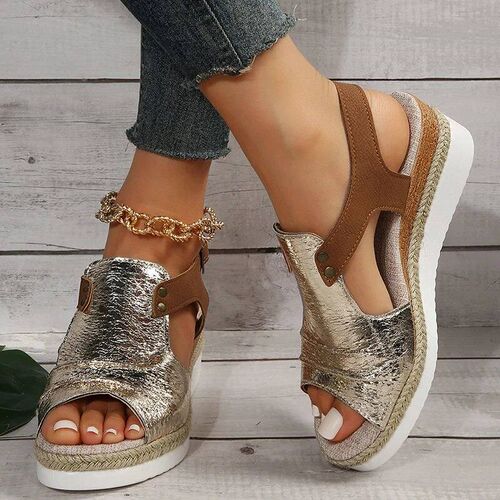 Pleated PU Leather Wedge Sandals for Women Back Strap Espadr