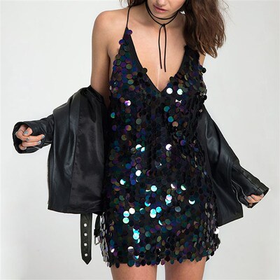 Women Evening Party Dress Backless Glitter Sequins Disco