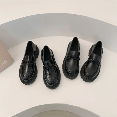 Ladies British Style Leather Shoes 2023 spring Black Muffin