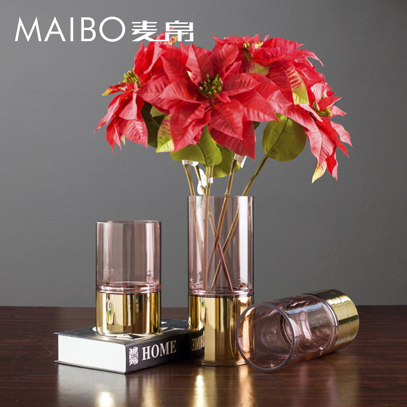 现代直筒圆柱形透明玻璃花瓶客厅餐厅电镀金色玫瑰金水培插花花器