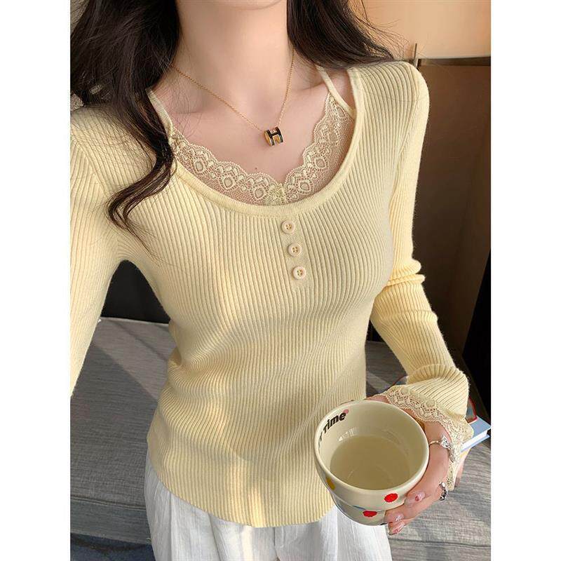 黄色蕾丝针织打底衫女内搭春秋季2025新款圆领毛衣设计感修身上衣