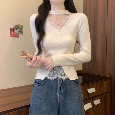 2025新款v领挂脖打底衫女秋冬季内搭毛衣小个子亮色千金御姐上衣