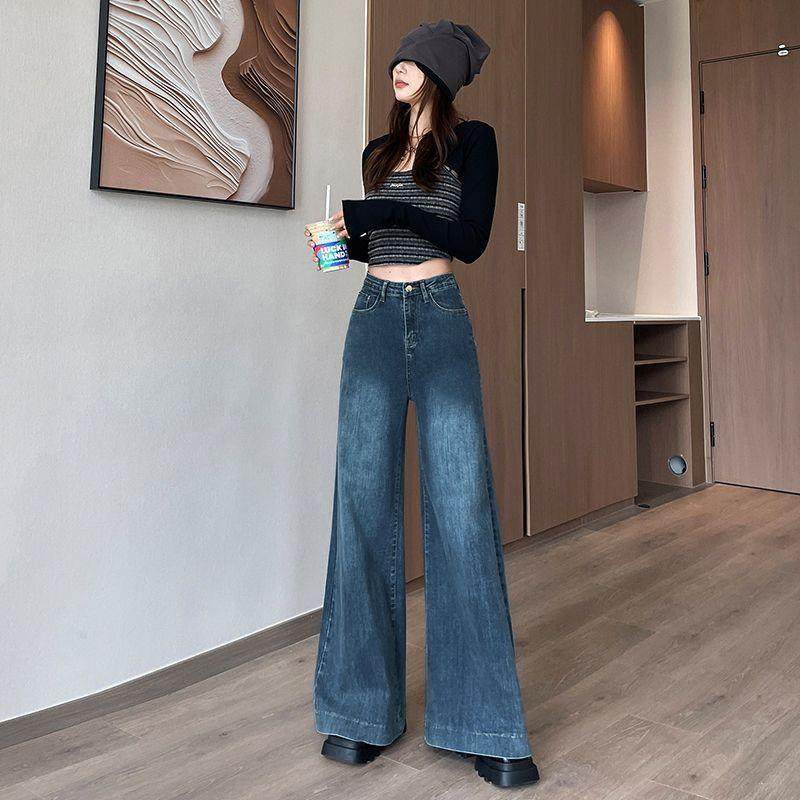 复古蓝阔腿牛仔裤女2025秋冬新款显瘦宽松高腰垂感直筒拖地长裤潮