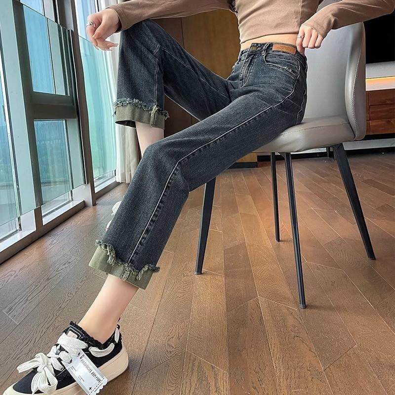 八九分高腰窄版牛仔直筒裤女潮流百搭新款显瘦弹力烟管翻边九分裤