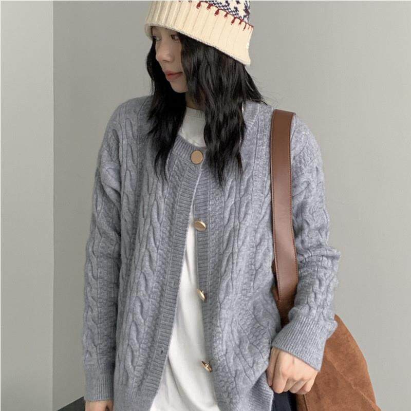 设计感春秋毛衣女小个子宽松显瘦慵懒风圆领麻花上衣针织开衫外套